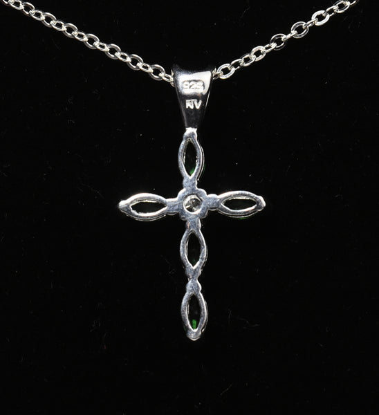 Sterling Silver Green and Clear Crystal Crucifix on Sterling Silver Chain Necklace - 19"