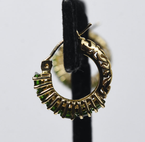 14k Gold Square Cut Green Diamonique Cubic Zirconia Hoop Earrings