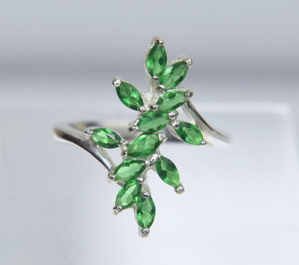 Sterling Silver Green Stone Marquise Branch Ring - Size 6.5