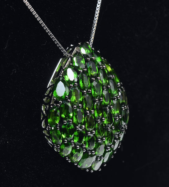 Green Rhinestone Pave Set Sterling Silver Pendant on Sterling Silver Chain Necklace - 18"