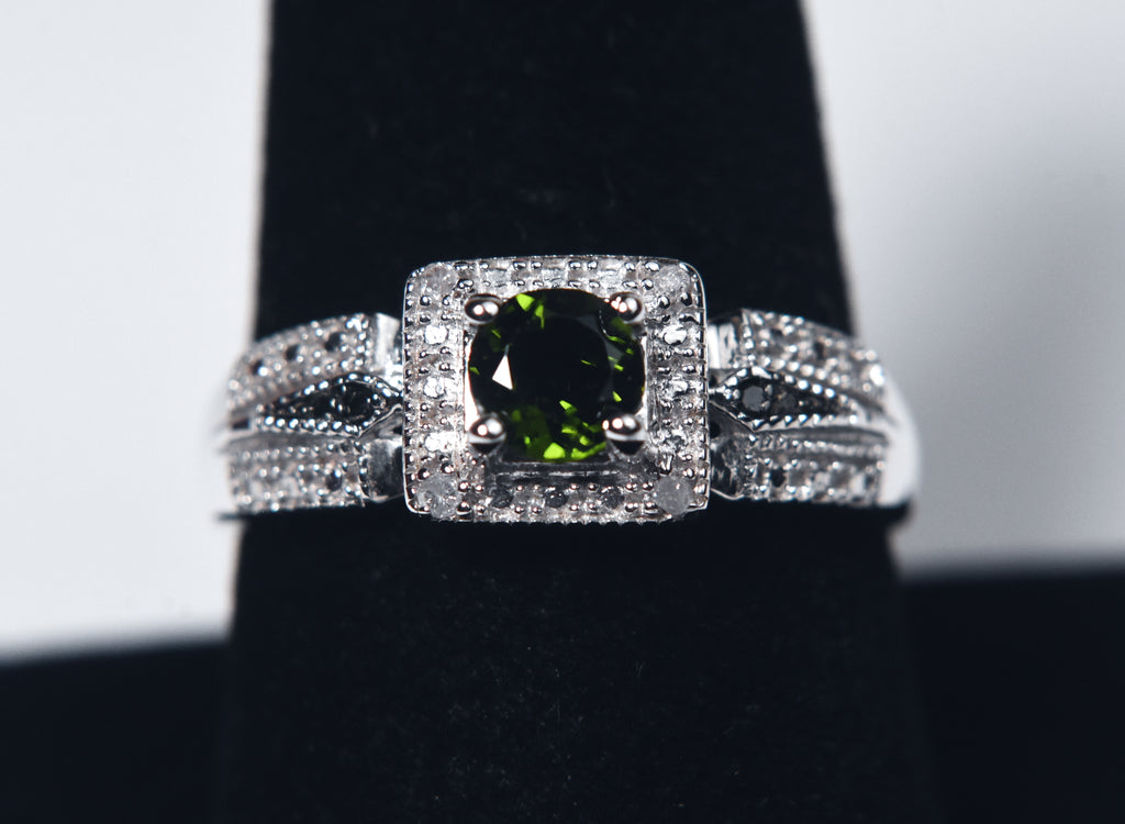 Green Tourmaline and White Diamond Art Deco Sterling Silver Ring - Size 9