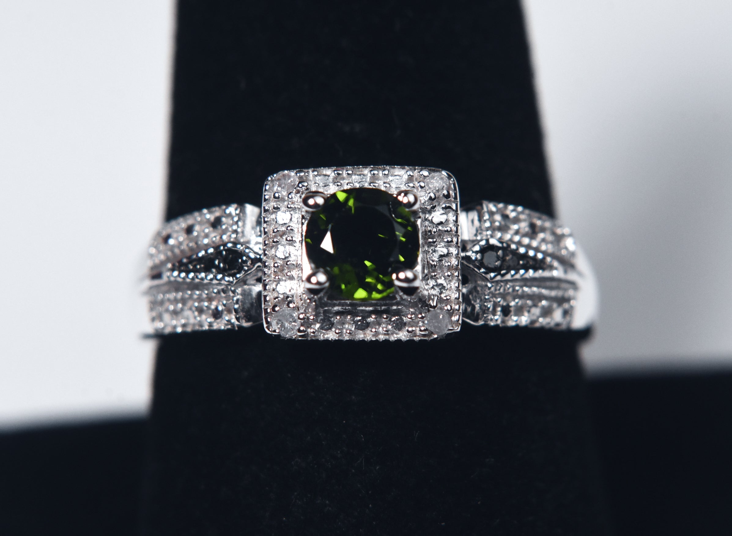 Green Tourmaline and White Diamond Art Deco Sterling Silver Ring - Size 9
