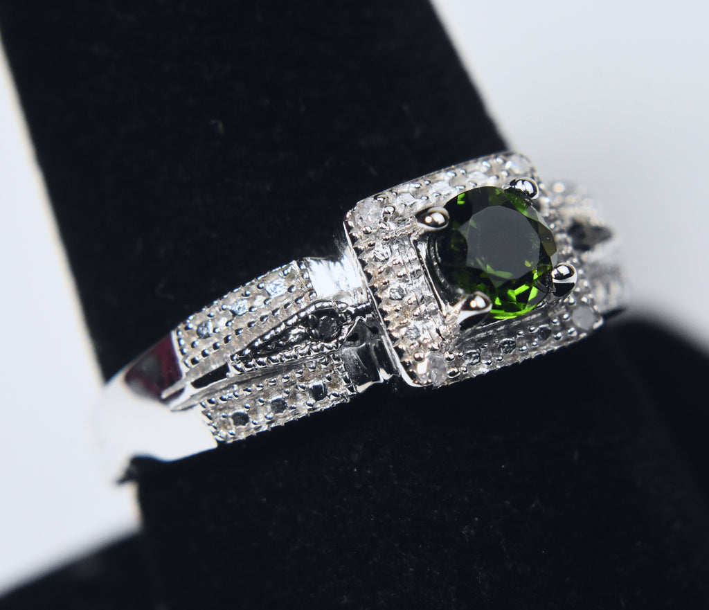 Green Tourmaline and White Diamond Art Deco Sterling Silver Ring - Size 9