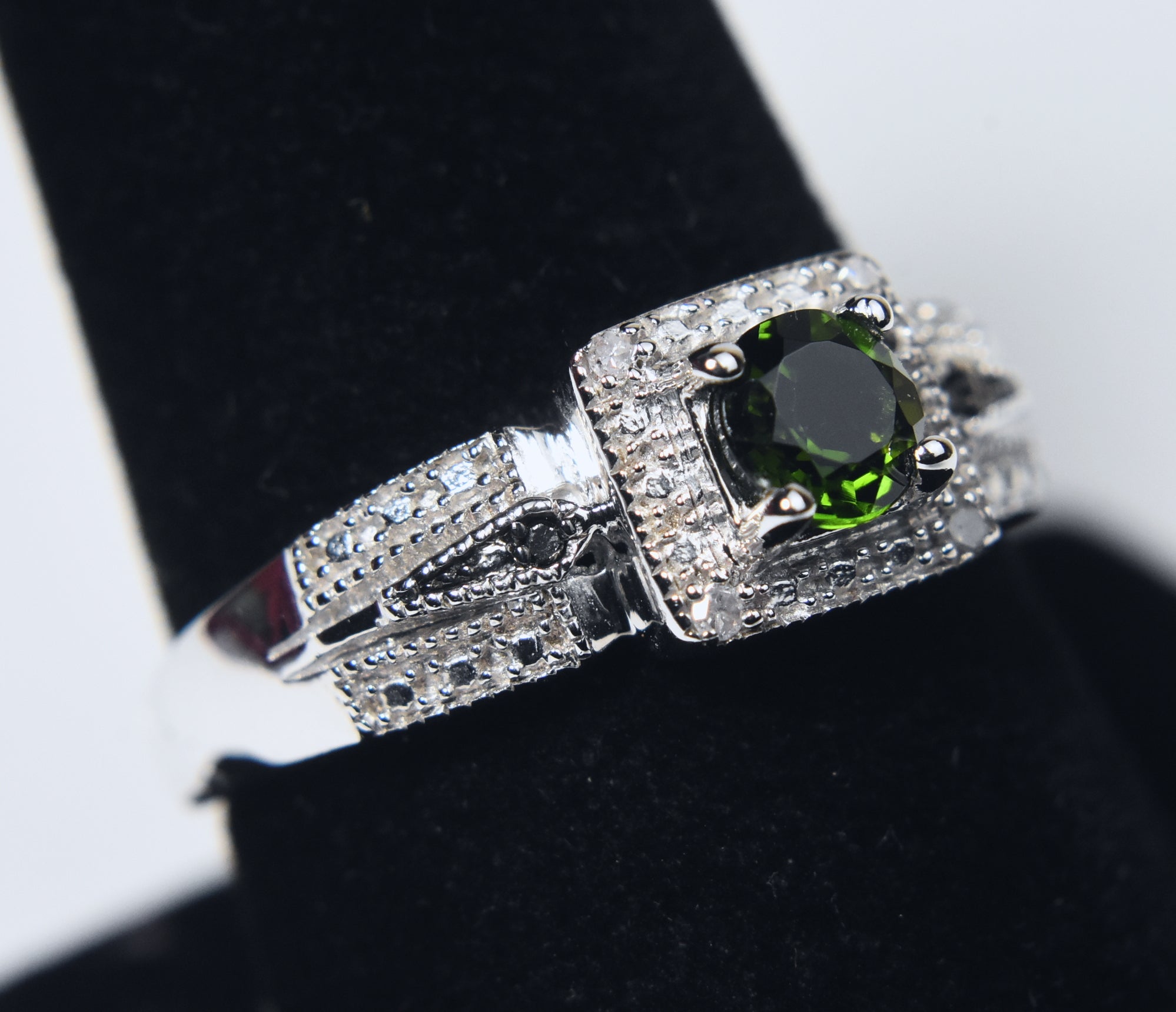 Green Tourmaline and White Diamond Art Deco Sterling Silver Ring - Size 9