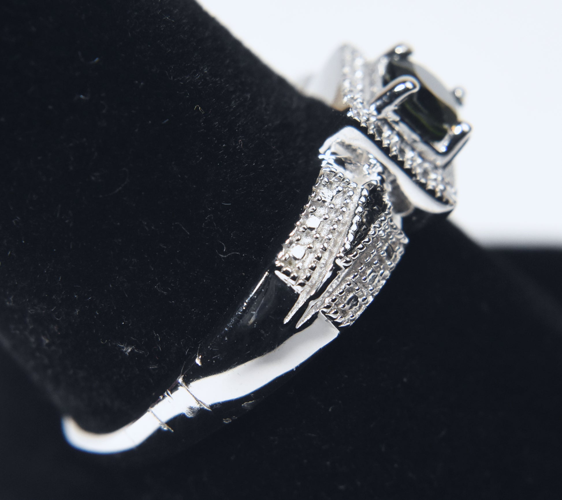 Green Tourmaline and White Diamond Art Deco Sterling Silver Ring - Size 9