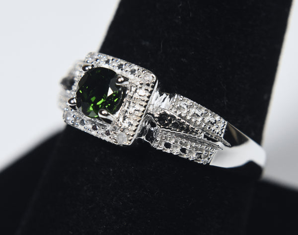 Green Tourmaline and White Diamond Art Deco Sterling Silver Ring - Size 9