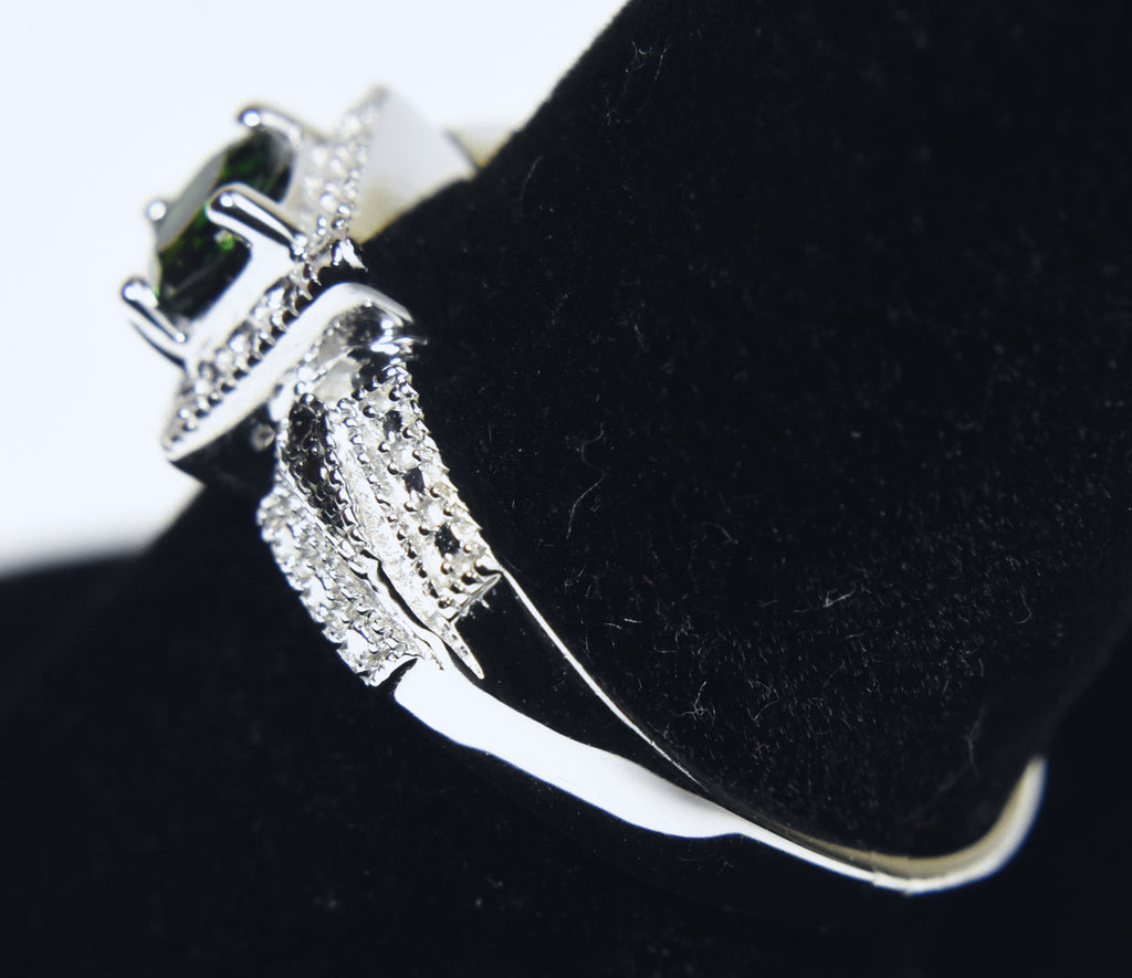 Green Tourmaline and White Diamond Art Deco Sterling Silver Ring - Size 9