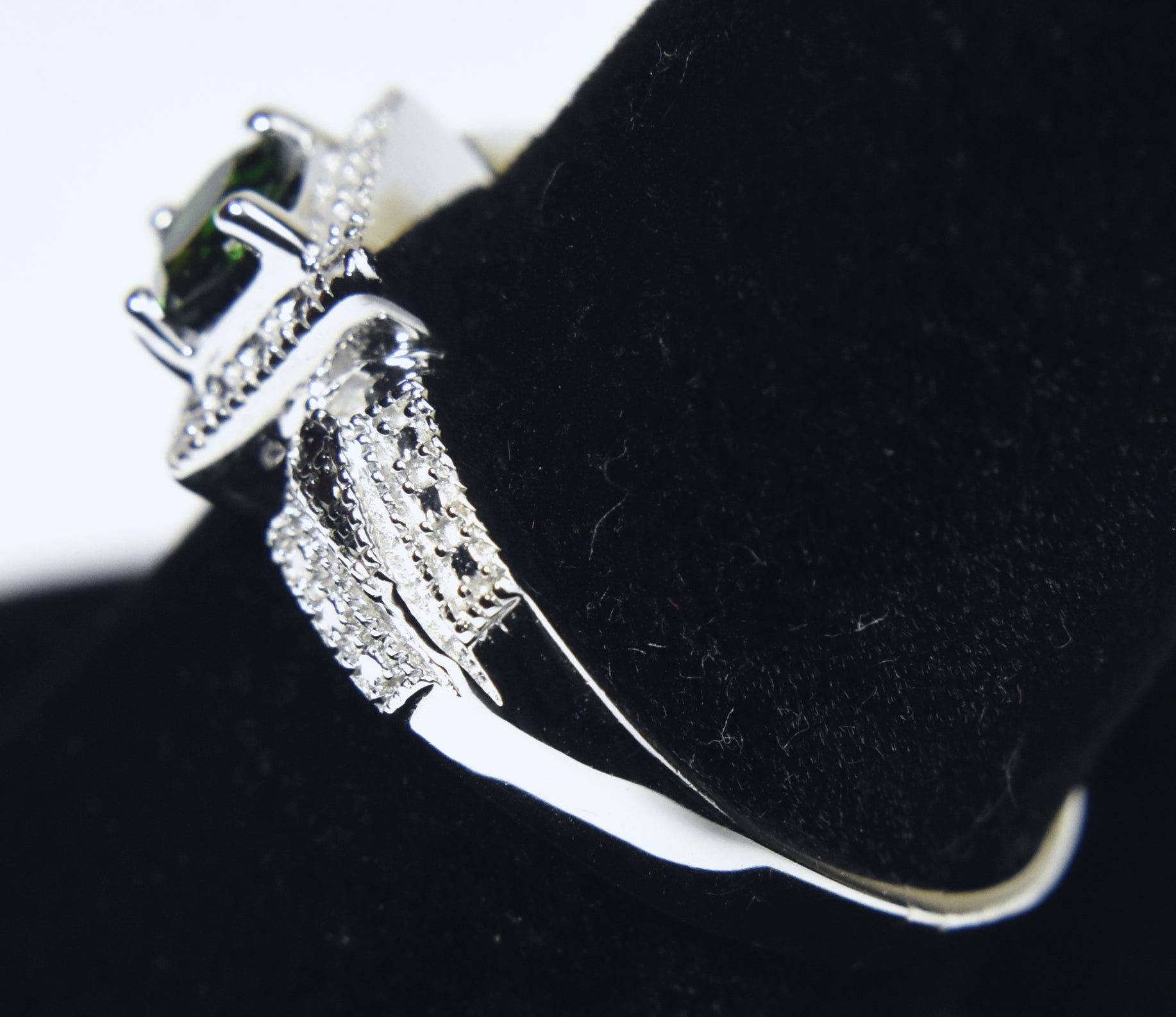 Green Tourmaline and White Diamond Art Deco Sterling Silver Ring - Size 9