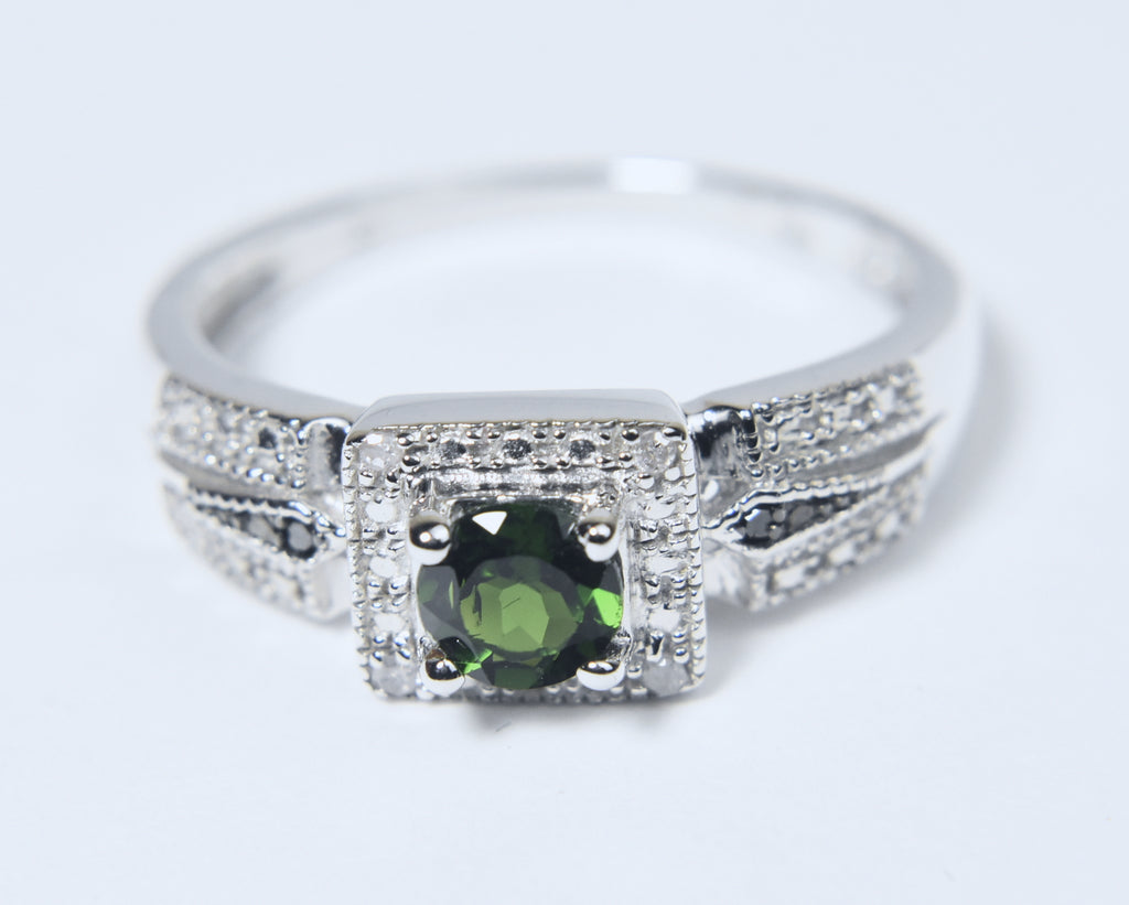 Green Tourmaline and White Diamond Art Deco Sterling Silver Ring - Size 9