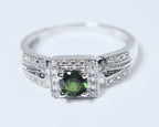Green Tourmaline and White Diamond Art Deco Sterling Silver Ring - Size 9