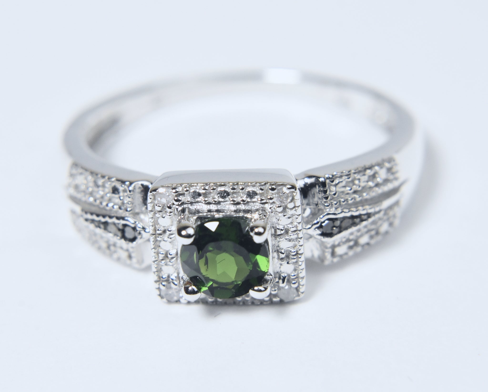 Green Tourmaline and White Diamond Art Deco Sterling Silver Ring - Size 9