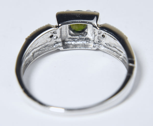 Green Tourmaline and White Diamond Art Deco Sterling Silver Ring - Size 9