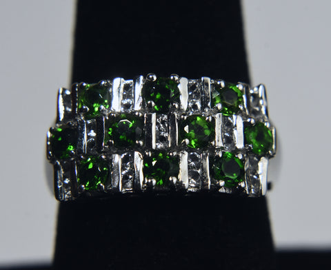 Sterling Silver Ring Set with Green and Clear Crystals - Size 8