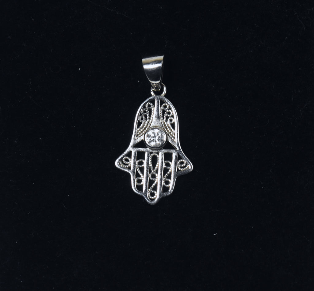 Sterling Silver Filigree Crystal Hamsa Pendant