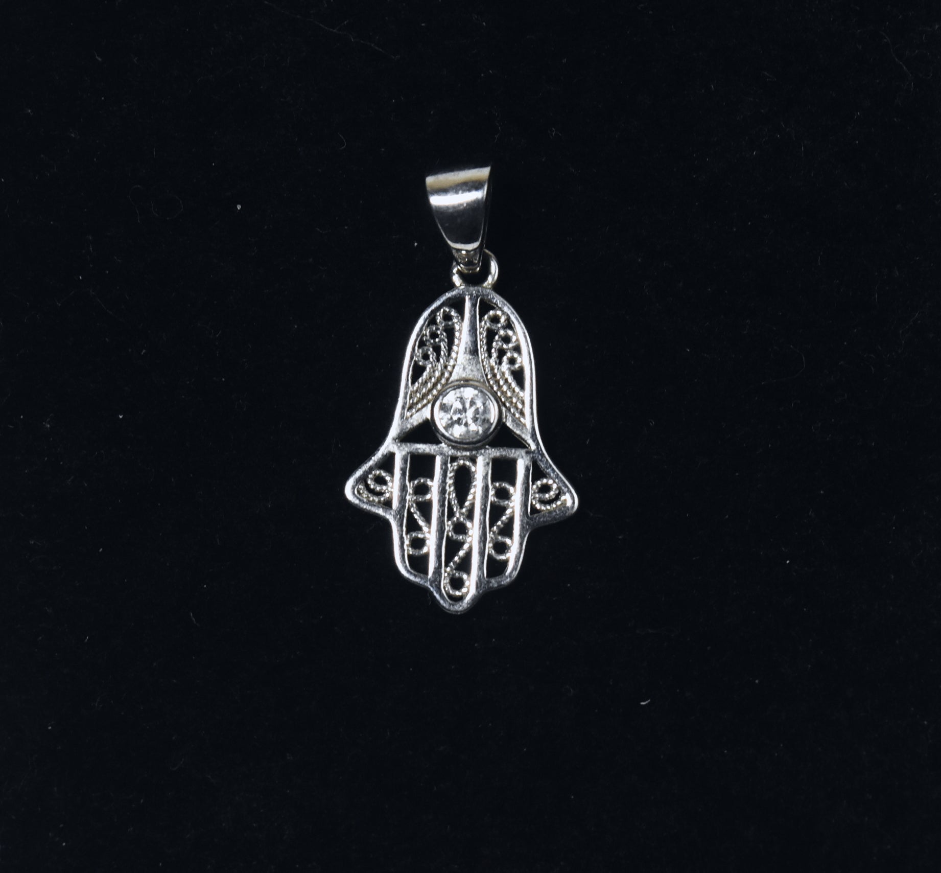 Sterling Silver Filigree Crystal Hamsa Pendant