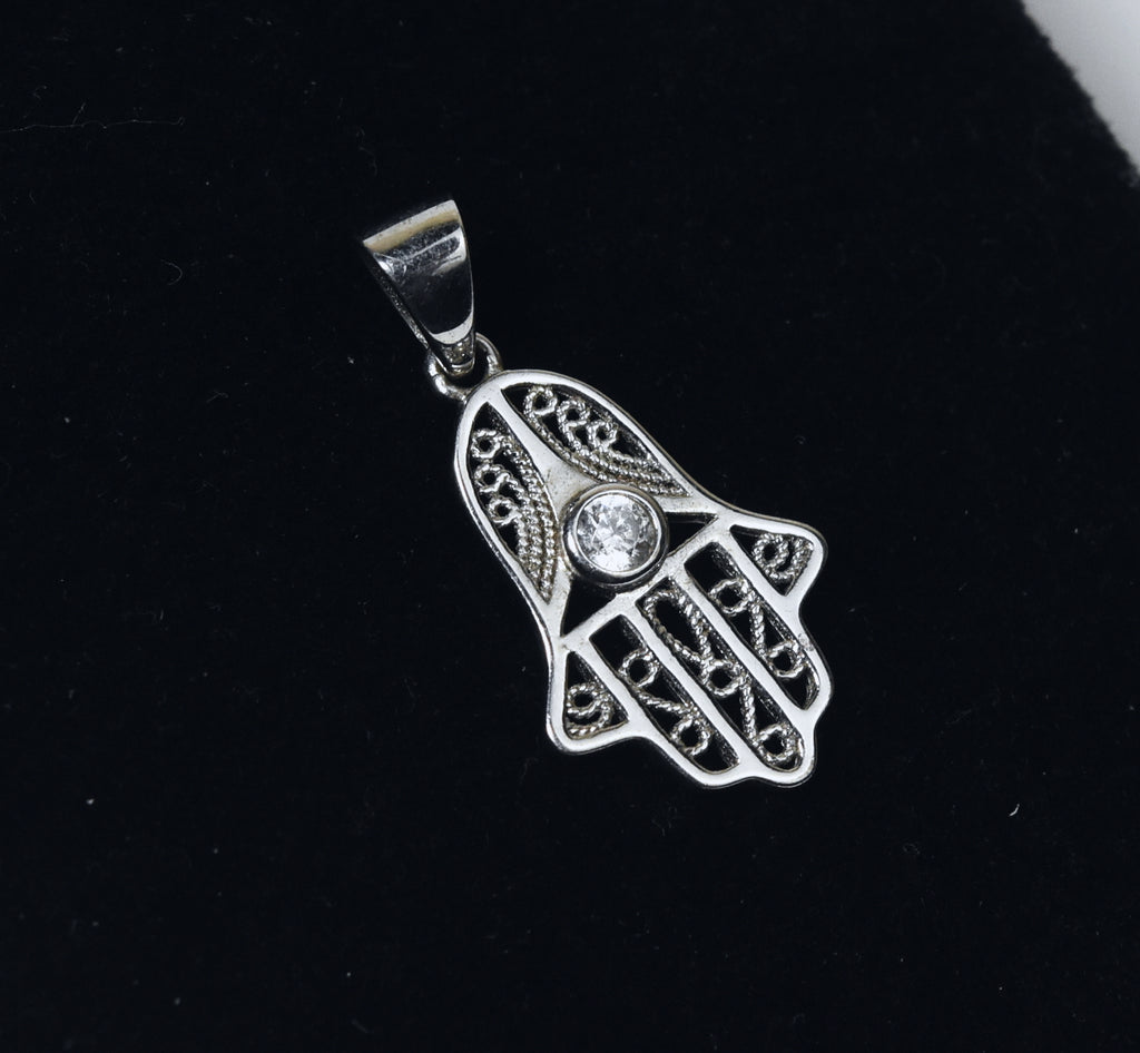 Sterling Silver Filigree Crystal Hamsa Pendant