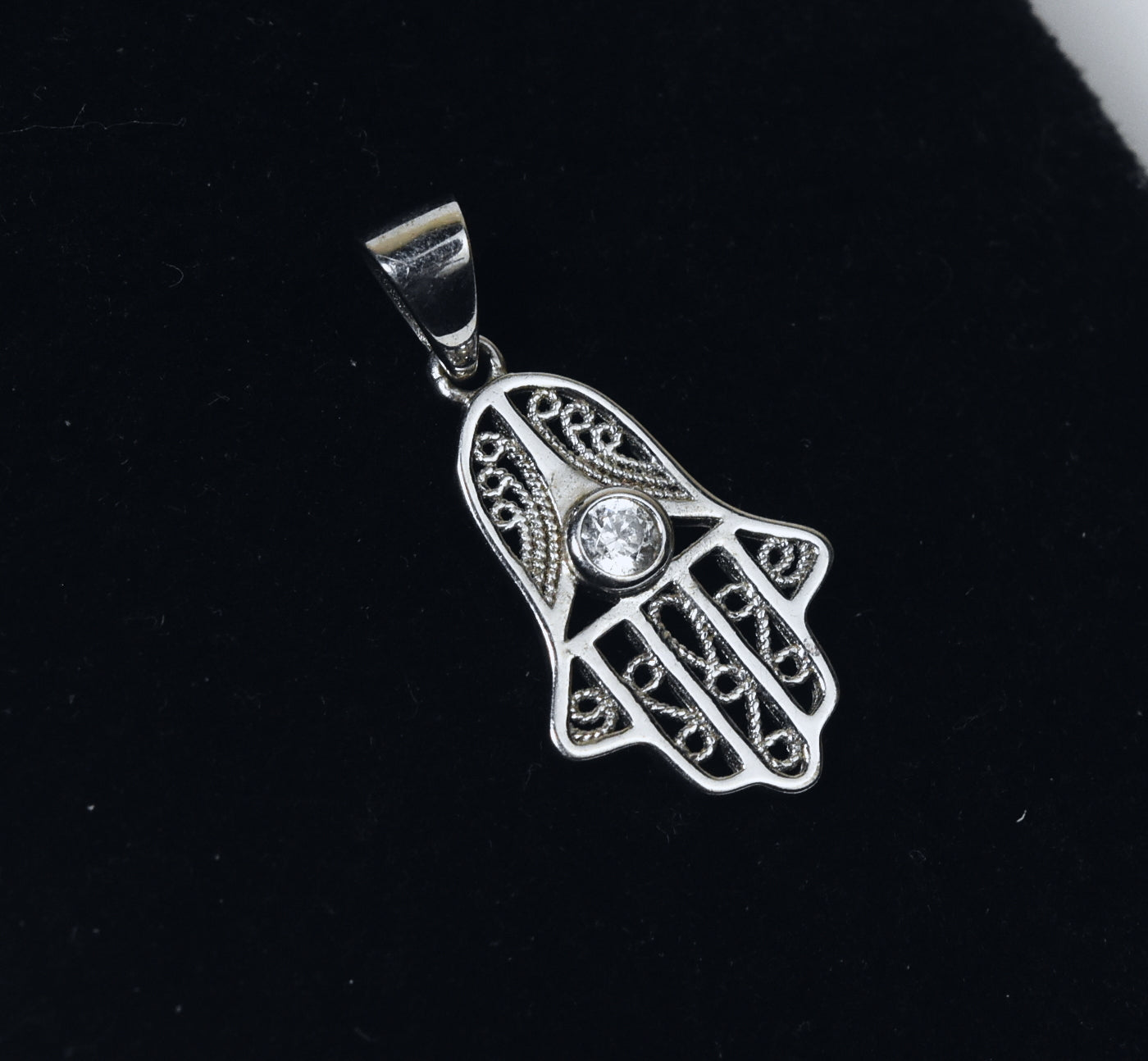 Sterling Silver Filigree Crystal Hamsa Pendant
