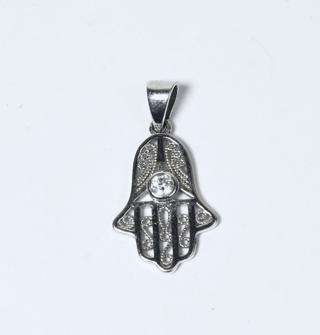Sterling Silver Filigree Crystal Hamsa Pendant
