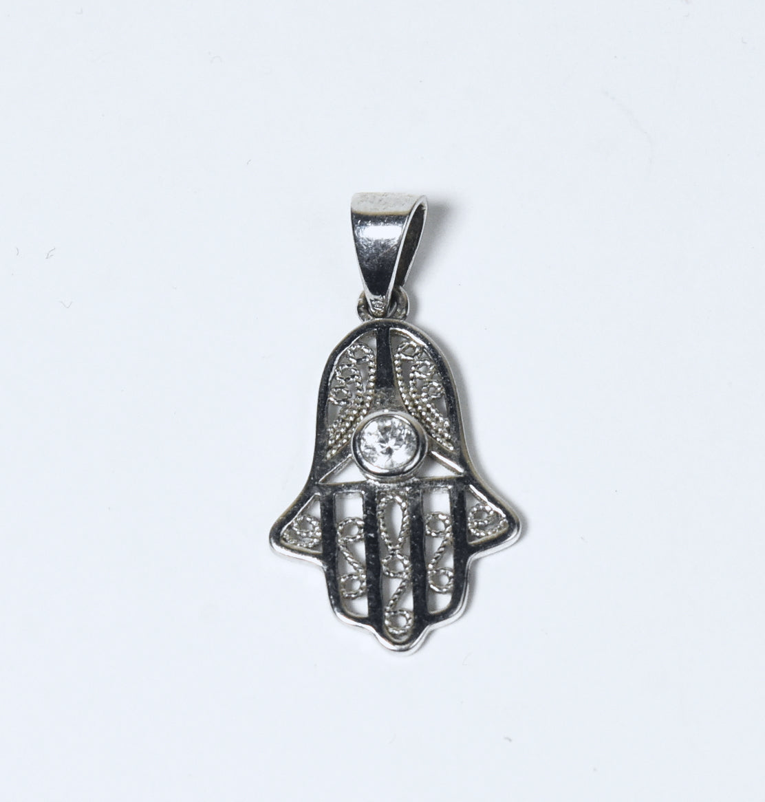 Sterling Silver Filigree Crystal Hamsa Pendant