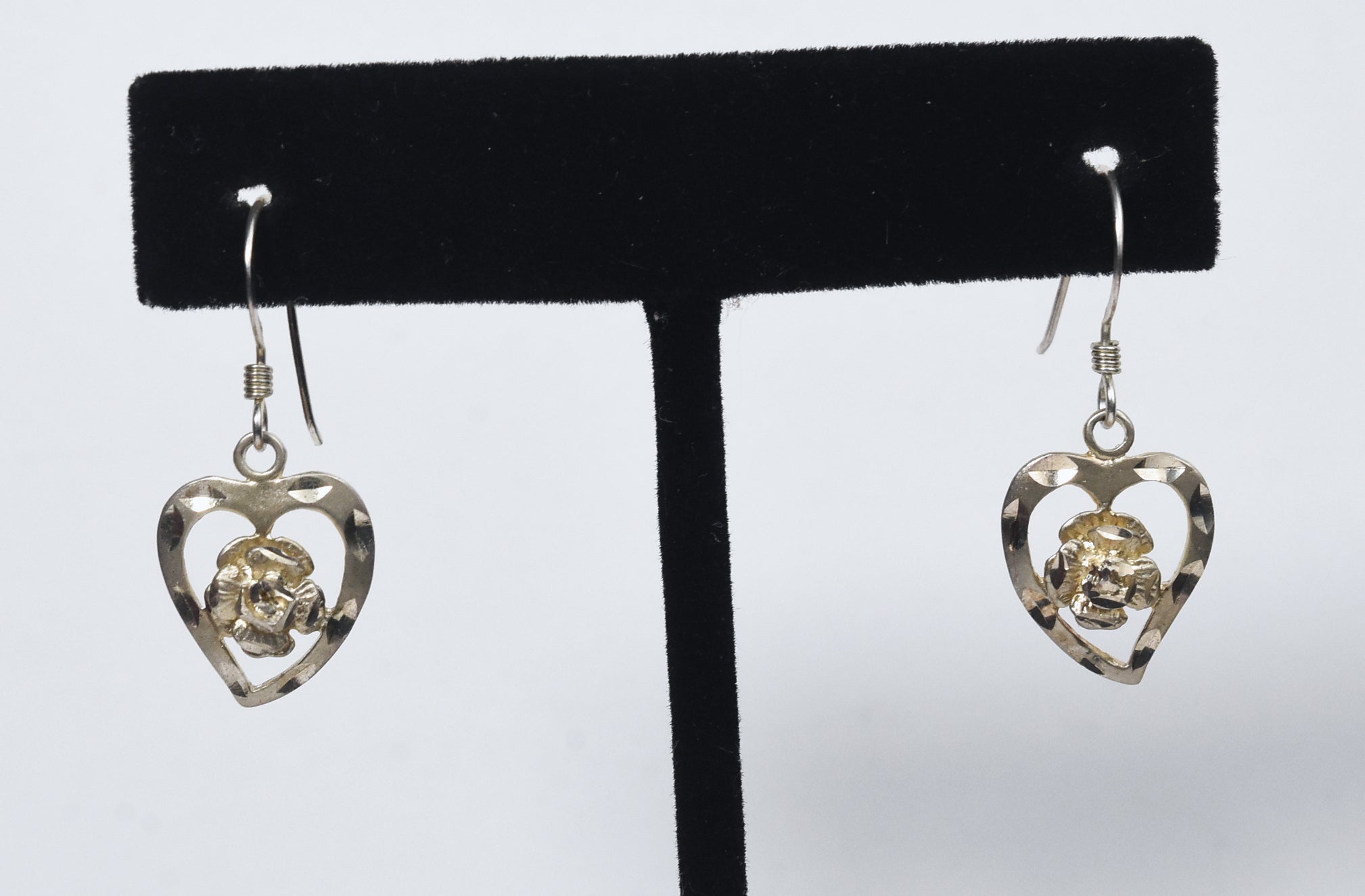 Sterling Silver Heart Rose Dangle Earrings