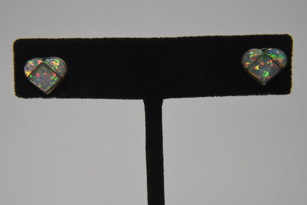Vintage Pair of Sterling Silver White Opal Inlaid Heart Stud Earrings
