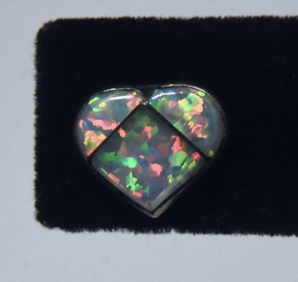 Vintage Pair of Sterling Silver White Opal Inlaid Heart Stud Earrings