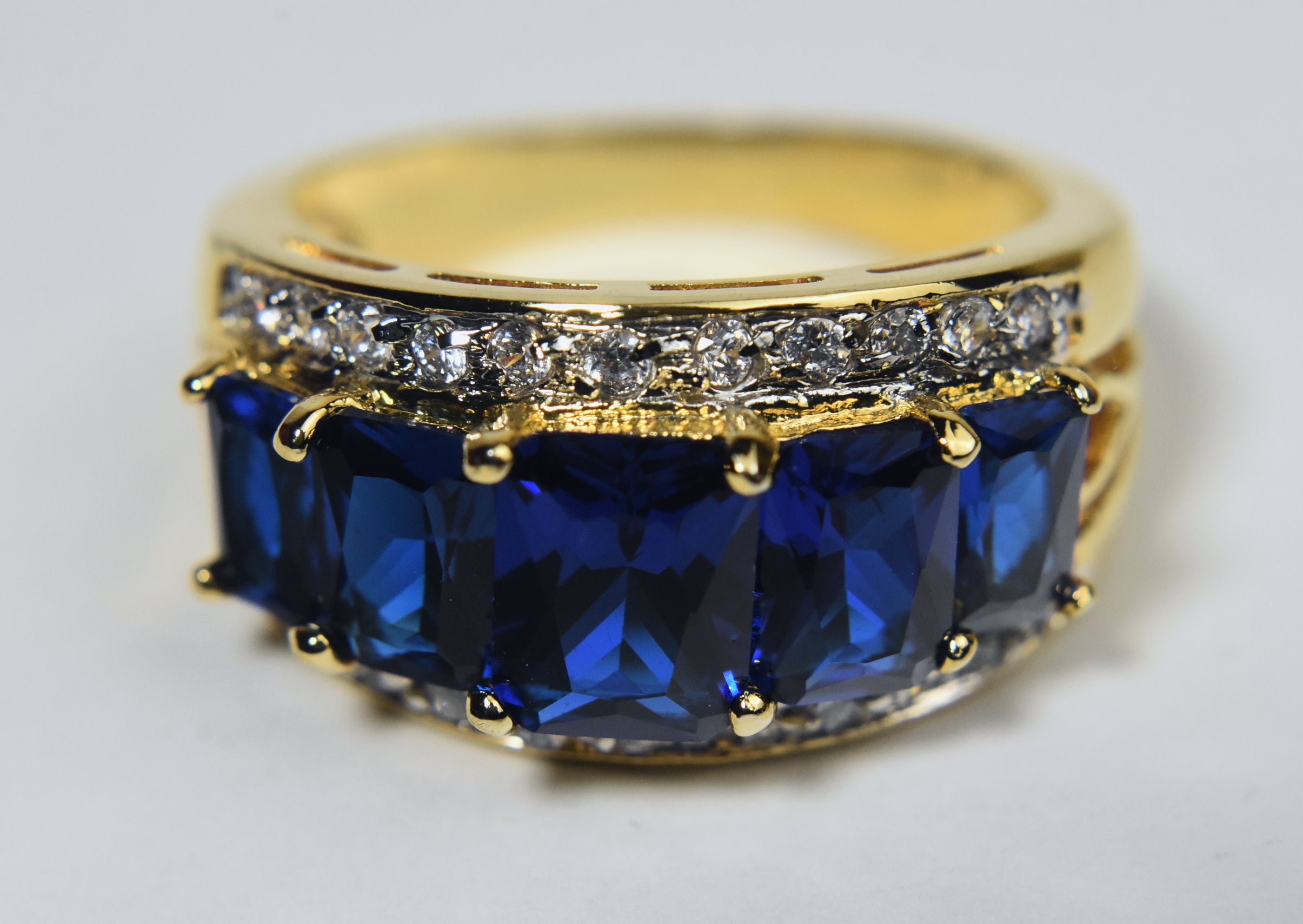 Gold Tone Imitation Blue Sapphire Ring - Size 9
