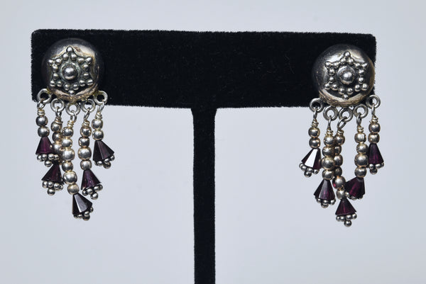 Vintage Sterling Silver Red Garnet Dangle Indian Stud Earrings