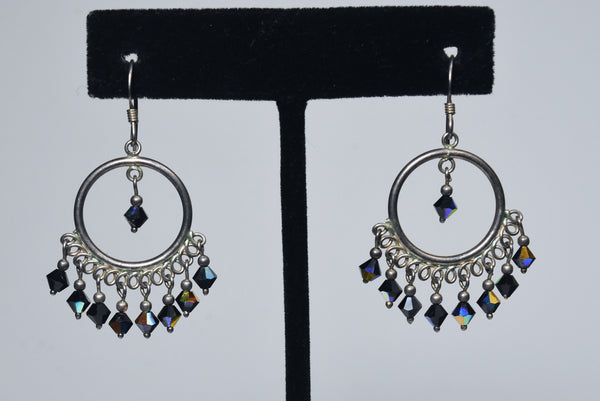 Sterling Silver Faceted Iridescent Dangle Beads Hoop Earrings