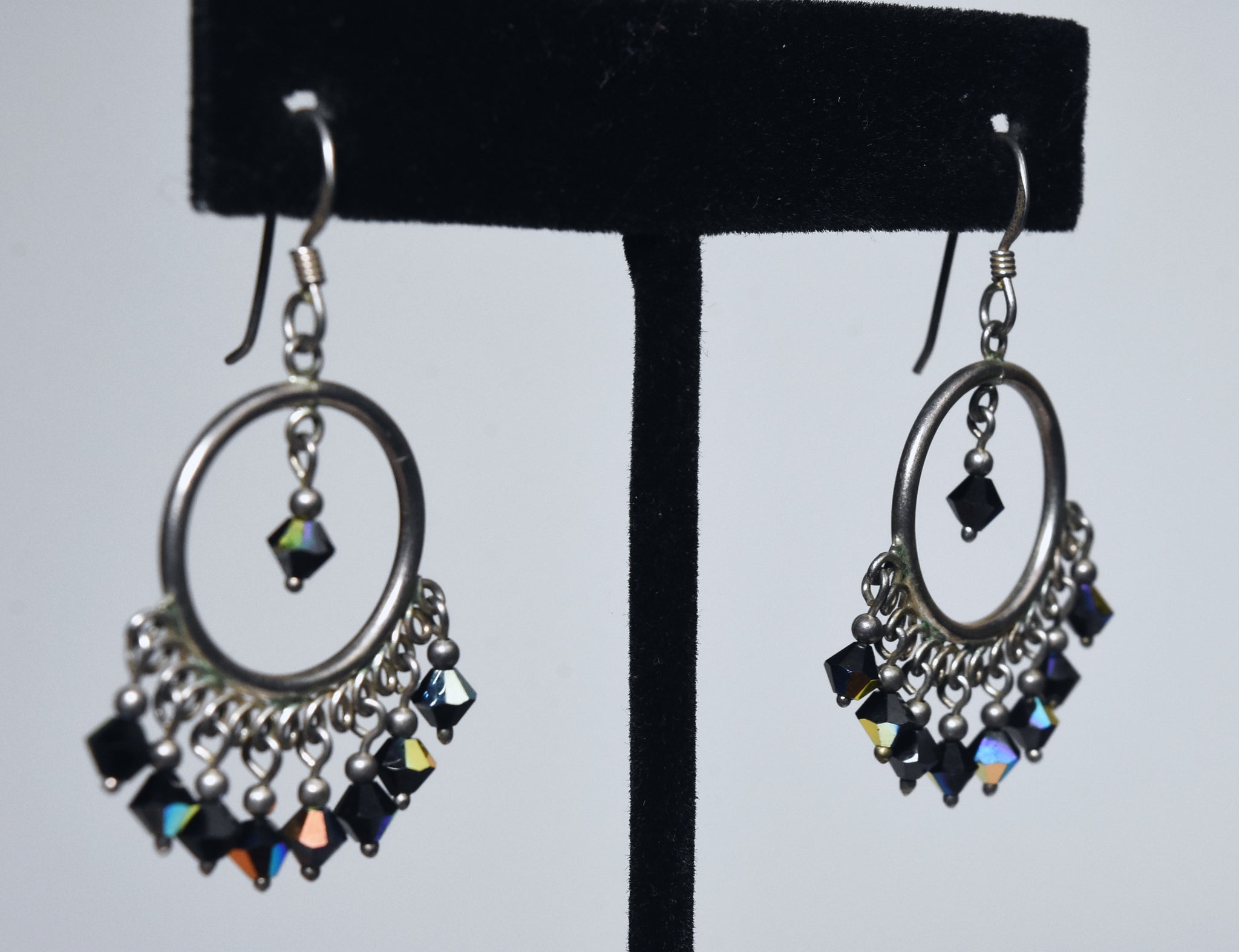 Sterling Silver Faceted Iridescent Dangle Beads Hoop Earrings
