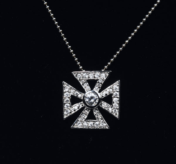 Sterling Silver Art Deco Style Cross Pendant on Sterling Silver Ball Chain Necklace