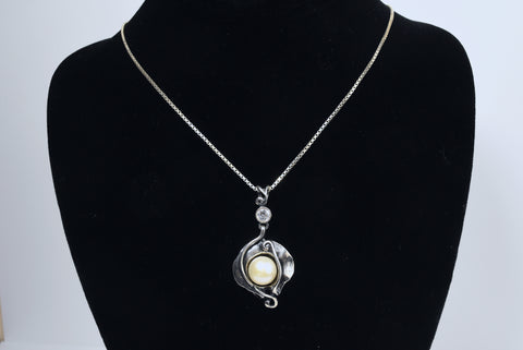 Sterling Silver Pearl and Cubic Zirconia Pendant on Sterling Silver Box Link Chain - 24"