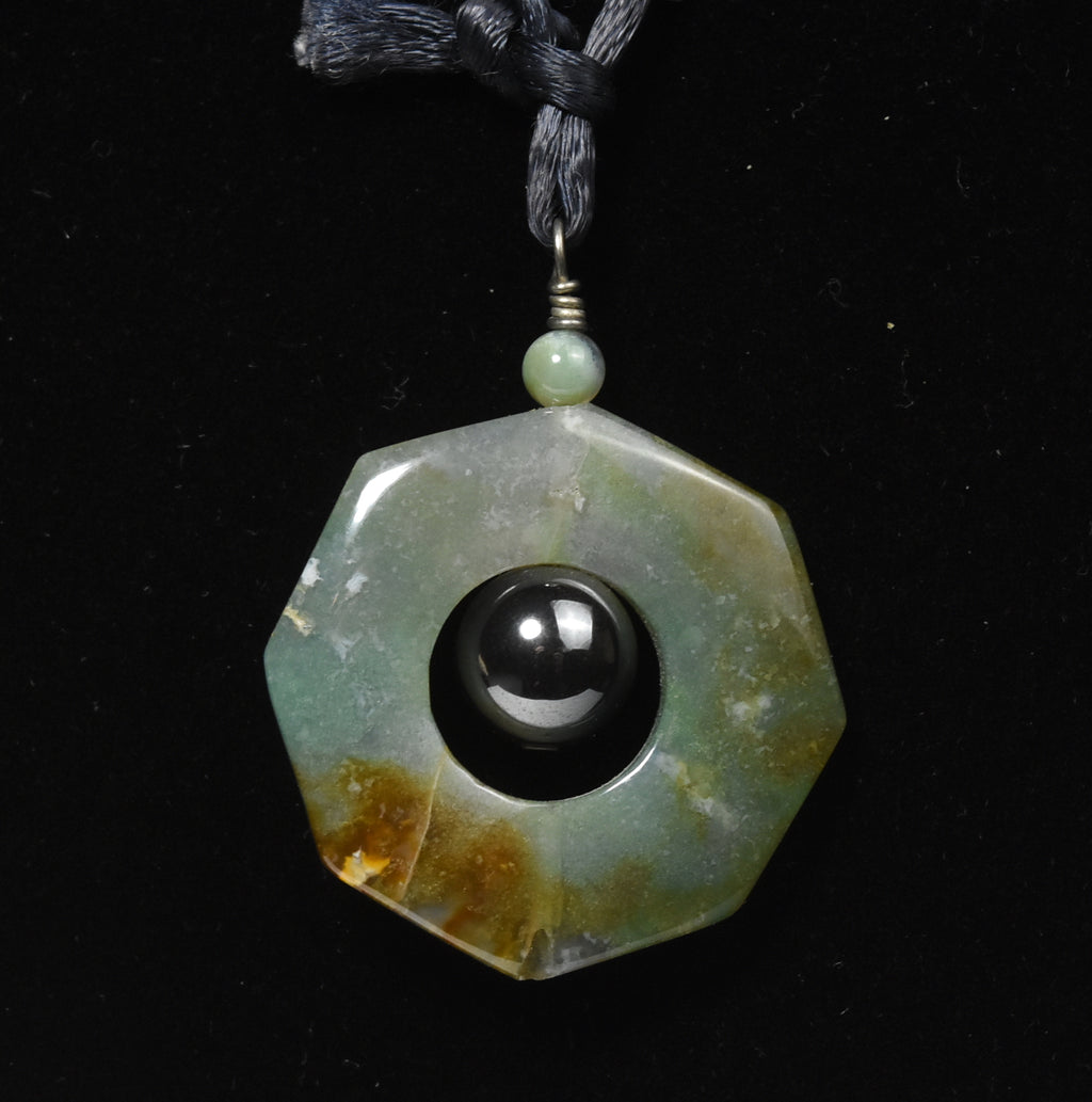 Nephrite Jade and Magnetite Pendant on Black Silk Cord Necklace