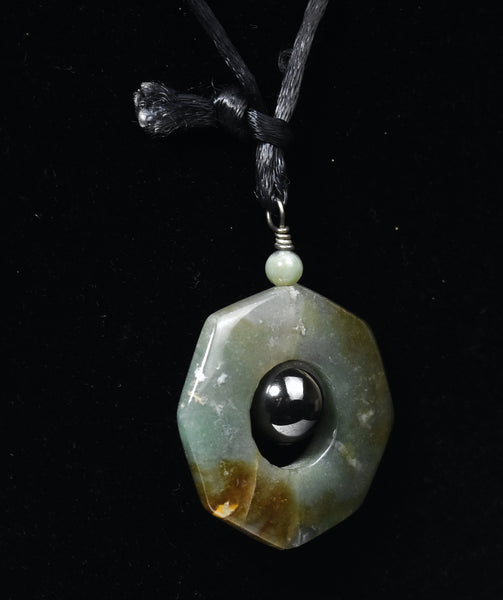 Nephrite Jade and Magnetite Pendant on Black Silk Cord Necklace