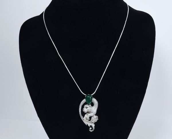 Sterling Silver Jaguar Pendant with Emerald Eyes and Green Onyx on Sterling Silver Chain Necklace - 18"