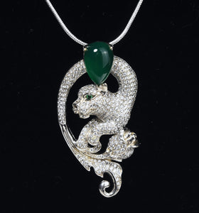 Sterling Silver Jaguar Pendant with Emerald Eyes and Green Onyx on Sterling Silver Chain Necklace - 18"