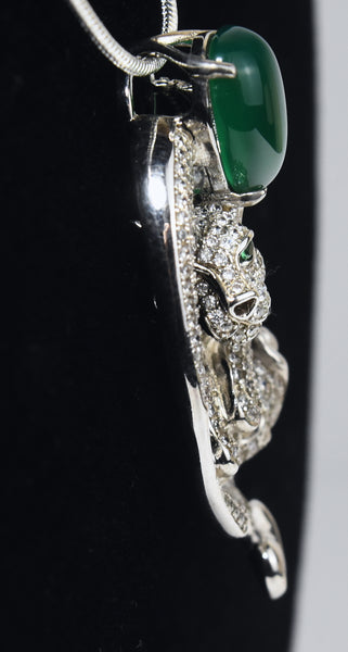 Sterling Silver Jaguar Pendant with Emerald Eyes and Green Onyx on Sterling Silver Chain Necklace - 18"