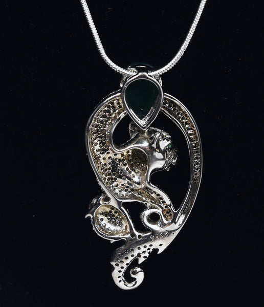 Sterling Silver Jaguar Pendant with Emerald Eyes and Green Onyx on Sterling Silver Chain Necklace - 18"