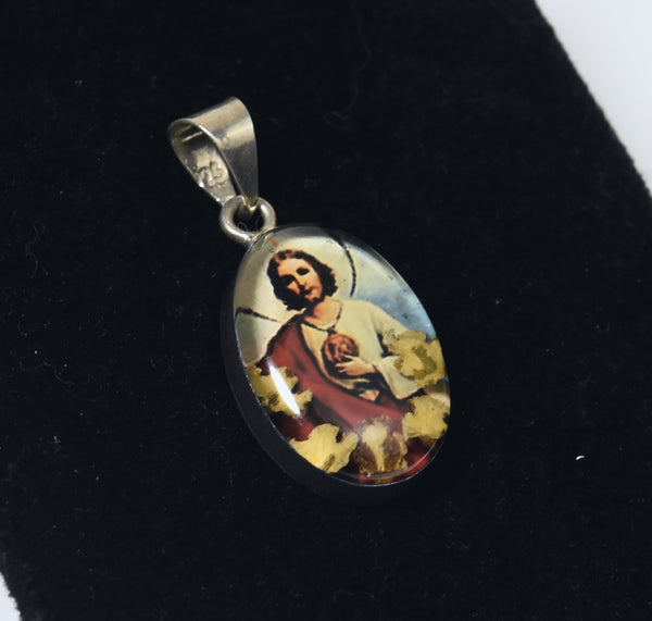 Vintage Sterling Silver Jesus Christ with Dried Flowers Pendant