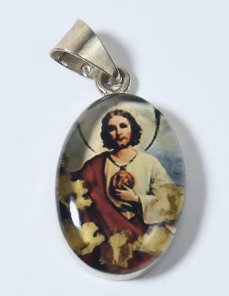 Vintage Sterling Silver Jesus Christ with Dried Flowers Pendant