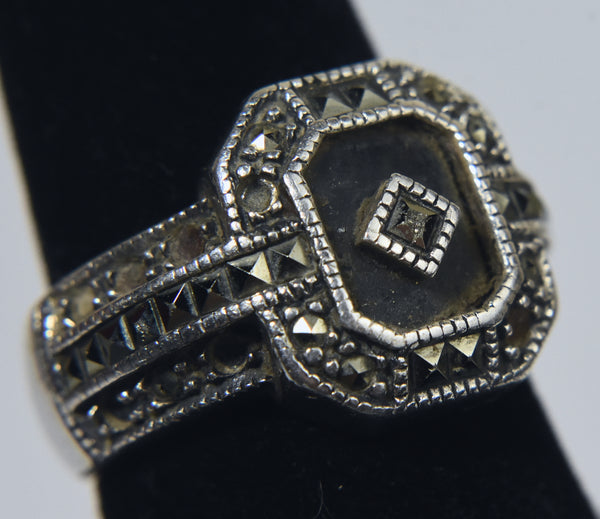 Judith Jack - Vintage Sterling Silver Art Deco Camphor Glass and Marcasite Ring - Size 6.75