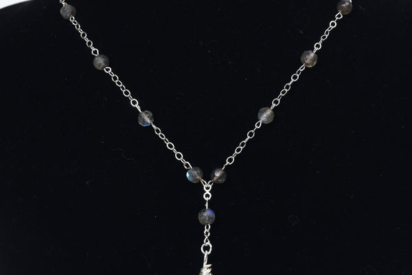 Labradorite Drop Pendant Sterling Silver Beaded Station Necklace