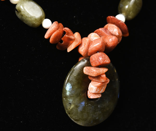 Labradorite, Red Coral, White Onyx Necklace