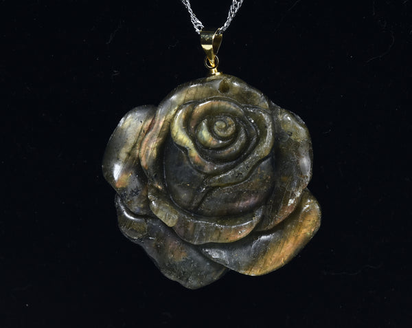 Carved Labradorite Rose Pendant on Sterling Silver Chain - 17"