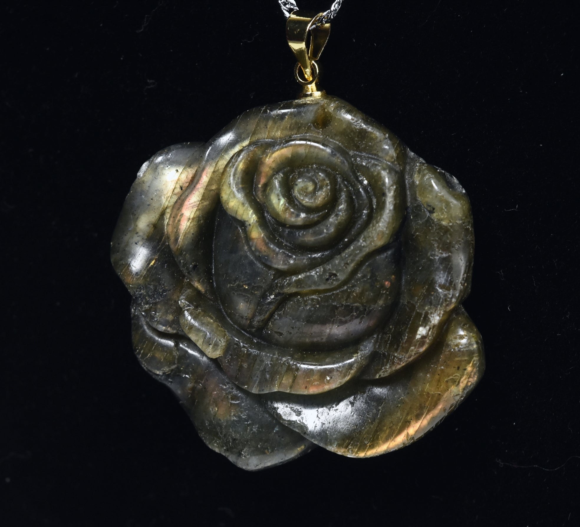 Carved Labradorite Rose Pendant on Sterling Silver Chain - 17"