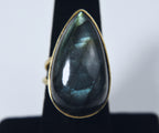 Gold Tone Pear Cut Labradorite Expandable Ring - Size 6.5+