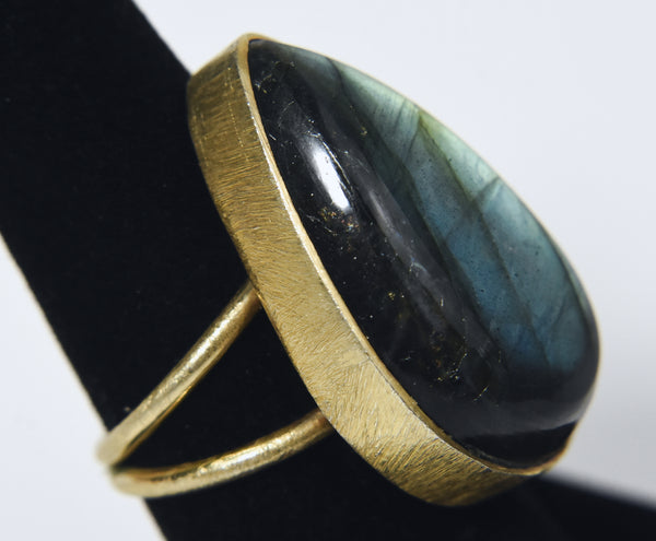 Gold Tone Pear Cut Labradorite Expandable Ring - Size 6.5+