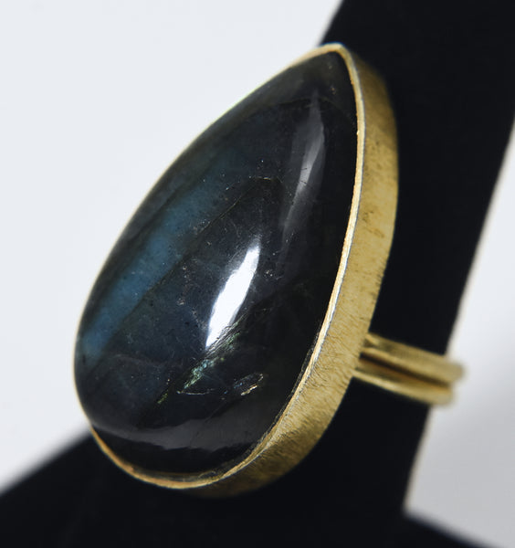 Gold Tone Pear Cut Labradorite Expandable Ring - Size 6.5+