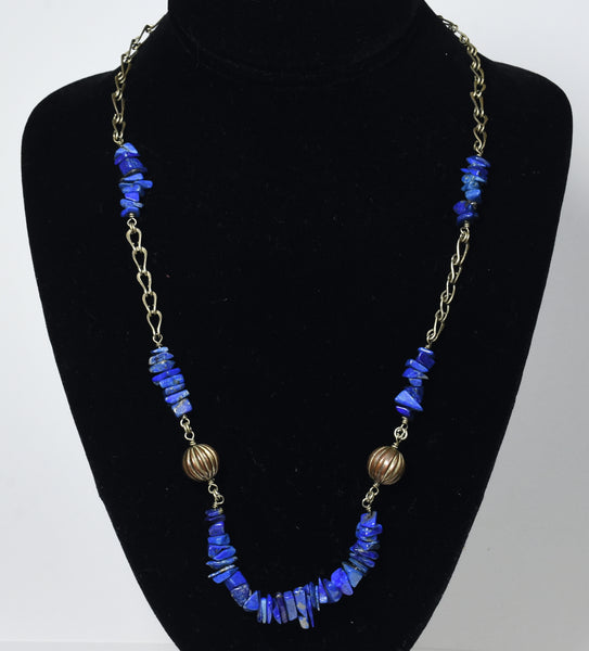 Lapis Lazuli Chip Bead Chain Necklace with Fluted Copper Beads