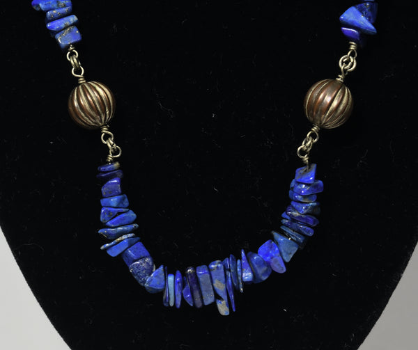Lapis Lazuli Chip Bead Chain Necklace with Fluted Copper Beads